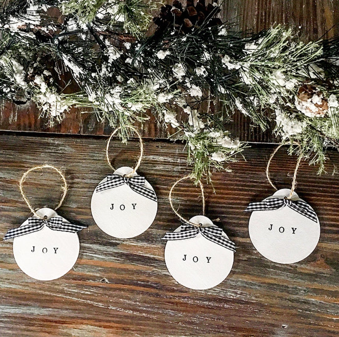 Set of 4 JOY Stamped Ornaments, Farmhouse Ornaments, Christmas Tree ...