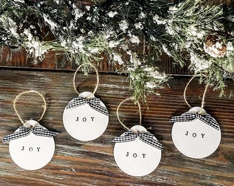 JOY Stamped Wood Christmas Ornaments: Farmhouse Tree Decor, Set of 4