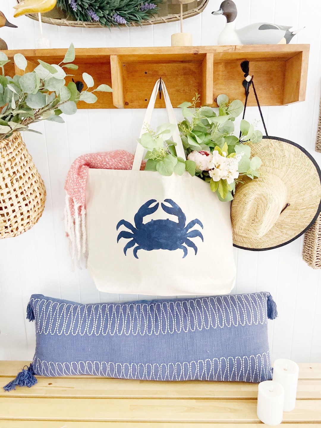 CRAB Over Sized Canvas Tote Bag, Big Beach Bag, Large Beach Bag, Summer ...