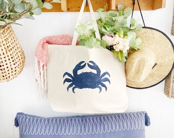 CRAB over sized canvas tote bag, big beach bag, large beach bag, summer bag, girls trip tote bag, preppy style beach bag, personalized bag