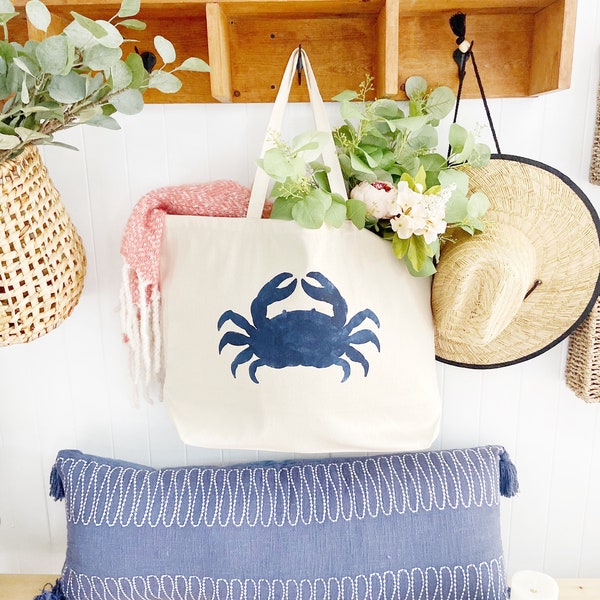 Oversized Canvas Beach Tote Bag: Crab Design, Summer Travel Bag