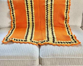 Vintage Handmade Retro Crochet Afghan Throw Blanket Orange Brown & Mustard Yellow 33” x 30” Fall Autumn Country Style Cozy Home Decor