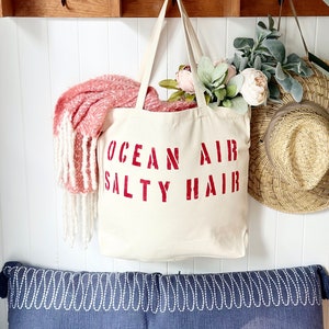 OCEAN AIR SALTY hair over sized canvas tote bag in turquoise text, beach bag, travel bag, vacay bag, mom bag, big beach bag, girls trip,gift red