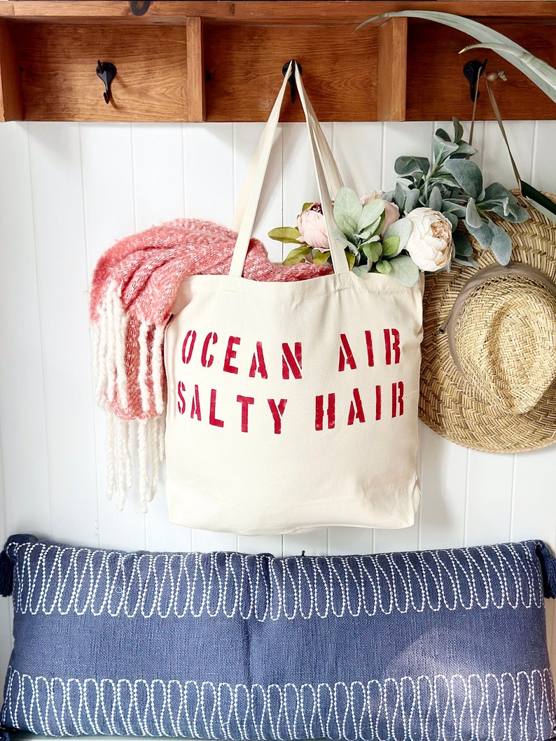 OCEAN AIR SALTY hair over sized canvas tote bag in turquoise text, beach bag, travel bag, vacay bag, mom bag, big beach bag, girls trip,gift red