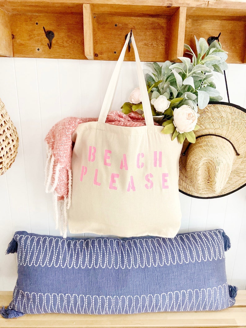 BEACH PLEASE over sized canvas tote bag, girls trip tote bag, big beach bag, large beach bag, travel bag, custom beach bag, mom bag, gift Hot pink