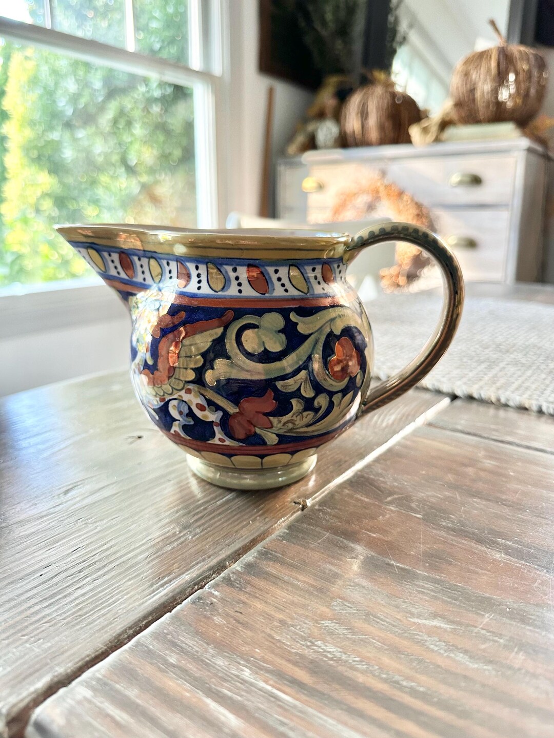 made in italy 花瓶 Vintage Pitcher Made in Italy Signed by A.R., 5” Tall Blue, Gold