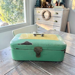 Vintage Green And Yellow Metal and Enamel Breadbox Made In Germany VTG Mid Century Kitchen Storage Gift Idea For Collectors