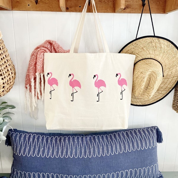 Flamingos übergroße Tasche, wiederverwendbare Einkaufstasche, Flamingotasche, süße Strandtasche, Reisetasche, Strandtasche, Geschenkidee, personalisierte Tasche, Tasche