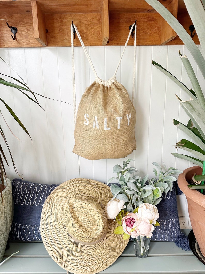 SALTY drawstring backpack, jute and cotton backpack, drawstring bag, SALTY backpack, beach bag, beach backpack, burlap bag, backpack, teen image 9