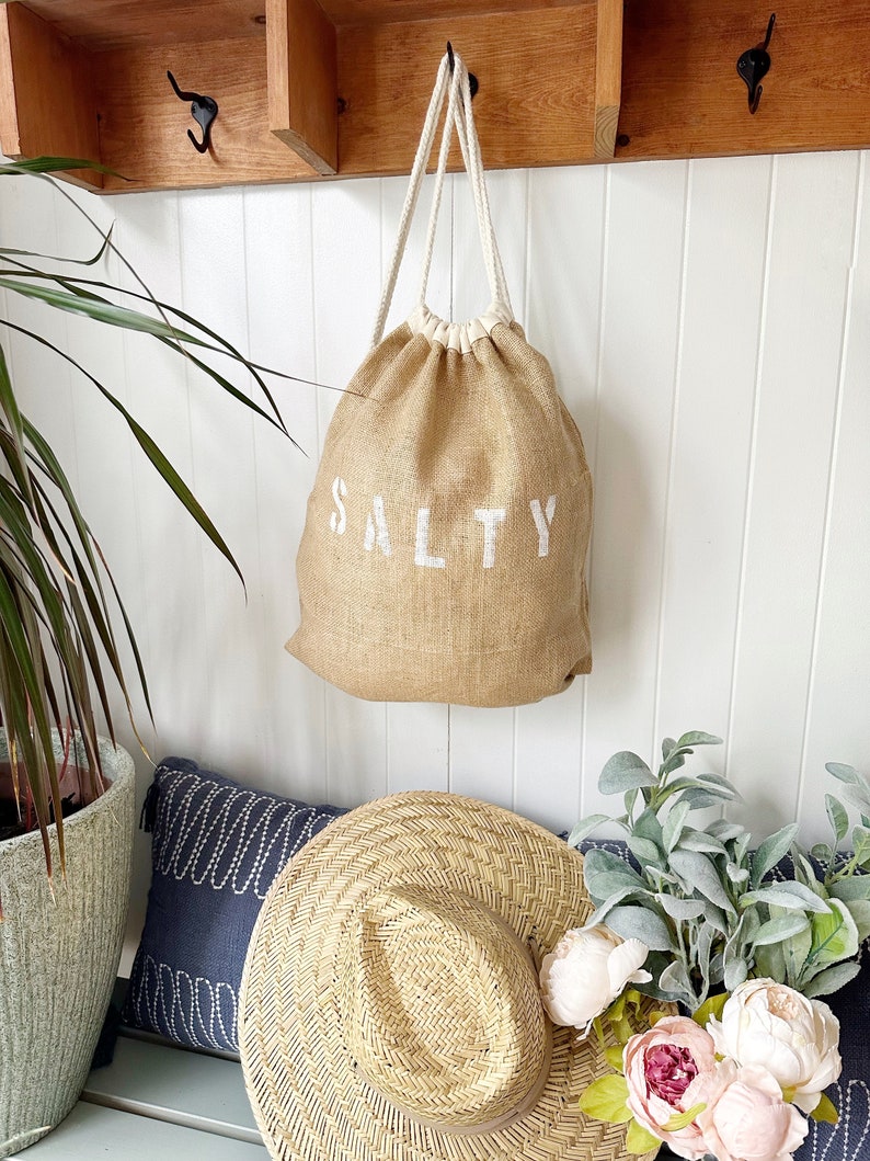 SALTY drawstring backpack, jute and cotton backpack, drawstring bag, SALTY backpack, beach bag, beach backpack, burlap bag, backpack, teen image 8