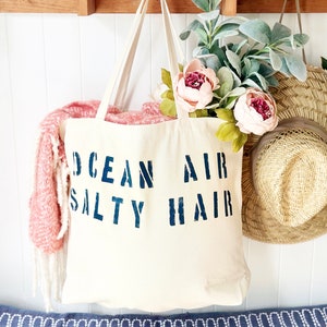 OCEAN AIR SALTY hair over sized canvas tote bag in turquoise text, beach bag, travel bag, vacay bag, mom bag, big beach bag, girls trip,gift navy blue