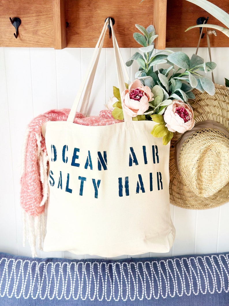 OCEAN AIR SALTY hair over sized canvas tote bag in turquoise text, beach bag, travel bag, vacay bag, mom bag, big beach bag, girls trip,gift navy blue