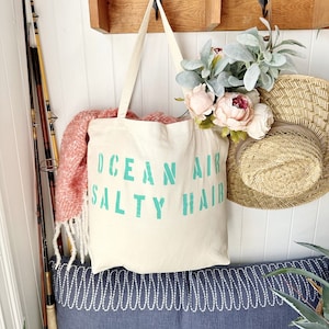 OCEAN AIR SALTY hair over sized canvas tote bag in turquoise text, beach bag, travel bag, vacay bag, mom bag, big beach bag, girls trip,gift turquoise