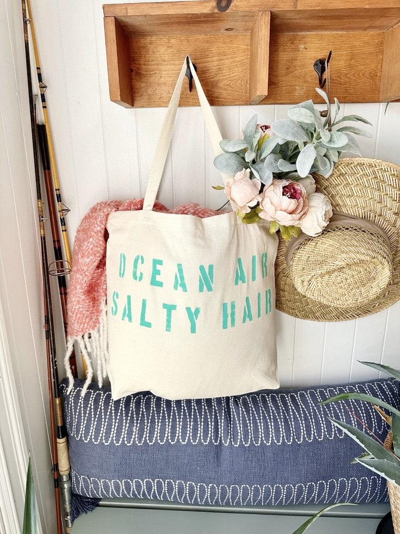 OCEAN AIR SALTY hair over sized canvas tote bag in turquoise text, beach bag, travel bag, vacay bag, mom bag, big beach bag, girls trip,gift turquoise