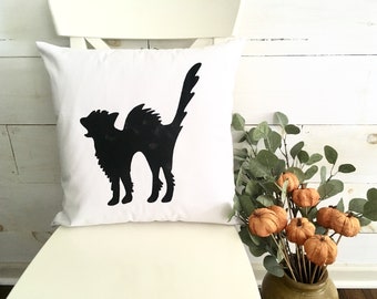 Hand Painted Black Cat Pillow Cover: Halloween Decor, 100% Cotton