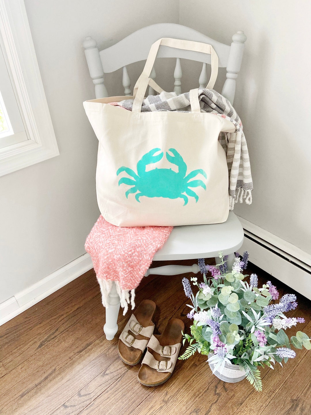 CRAB Over Sized Canvas Tote Bag, Big Beach Bag, Large Beach Bag, Summer