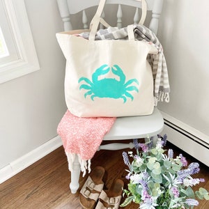 CRAB over sized canvas tote bag, big beach bag, large beach bag, summer bag, girls trip tote bag, preppy style beach bag, personalized bag