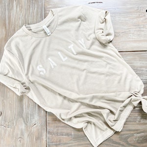 Taupe SALTY Jersey Knit Cotton T-shirt, unisex shirt, personalizable, vacation shirt, summer shirt, beach shirt, coverup, swimwear coverup