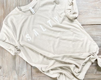 Taupe SALTY Jersey Knit Cotton T-shirt, unisex shirt, personalizable, vacation shirt, summer shirt, beach shirt, coverup, swimwear coverup