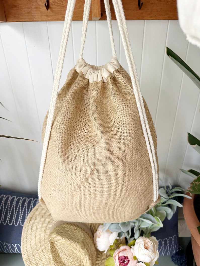 SALTY drawstring backpack, jute and cotton backpack, drawstring bag, SALTY backpack, beach bag, beach backpack, burlap bag, backpack, teen image 10