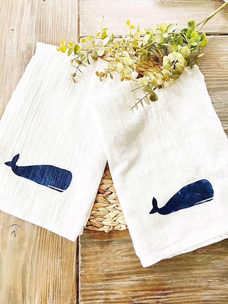 Set of 2 Hand Painted Whale flour sack kitchen towels, Beach House Tea towel, nautical whale beach house gift idea, coastal kitchen decor image 3