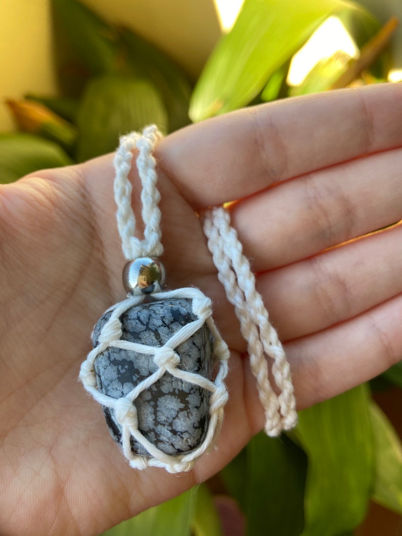 Handcrafted macram\u00e8 necklace with a wrapped gemstone Harry Styles inspired snowflake obsidian TWO GHOSTS