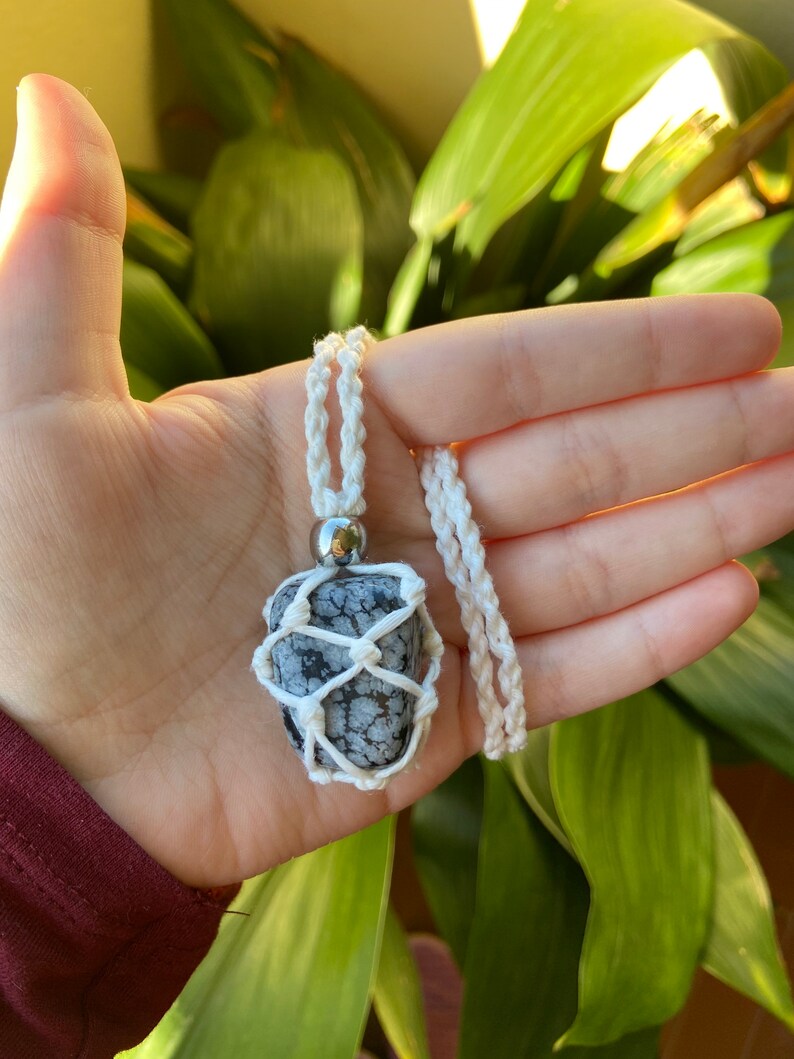 Handcrafted macram\u00e8 necklace with a wrapped gemstone Harry Styles inspired snowflake obsidian TWO GHOSTS