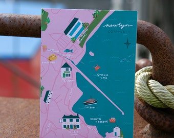 Newlyn Map Postcard | Cornish Map | Newlyn Harbour | Cornwall Souvenir | Map Print