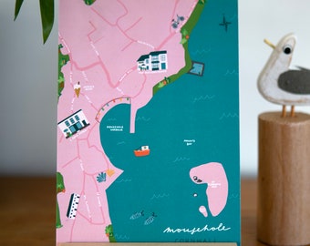 Mousehole Map Postcard | Cornish Map | Mousehole Harbour | Cornwall Souvenir | Map Print