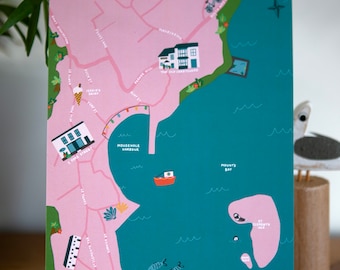 Mousehole Map Print | Cornish Print | Map Illustration | Mousehole Harbour | Bright Wall Art