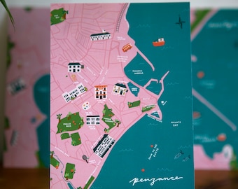Penzance Map Postcard | Cornish Map | Cornwall Souvenir | Map Print
