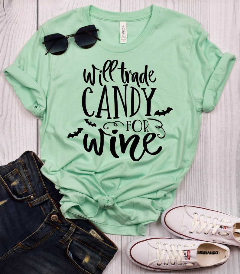 Will Trade Candy for Wine Shirt, Trick-or-Treat Shirt, Funny Halloween Shirt, Funny Halloween T-Shirt, Cute Halloween Shirts, Bat Shirt image 2