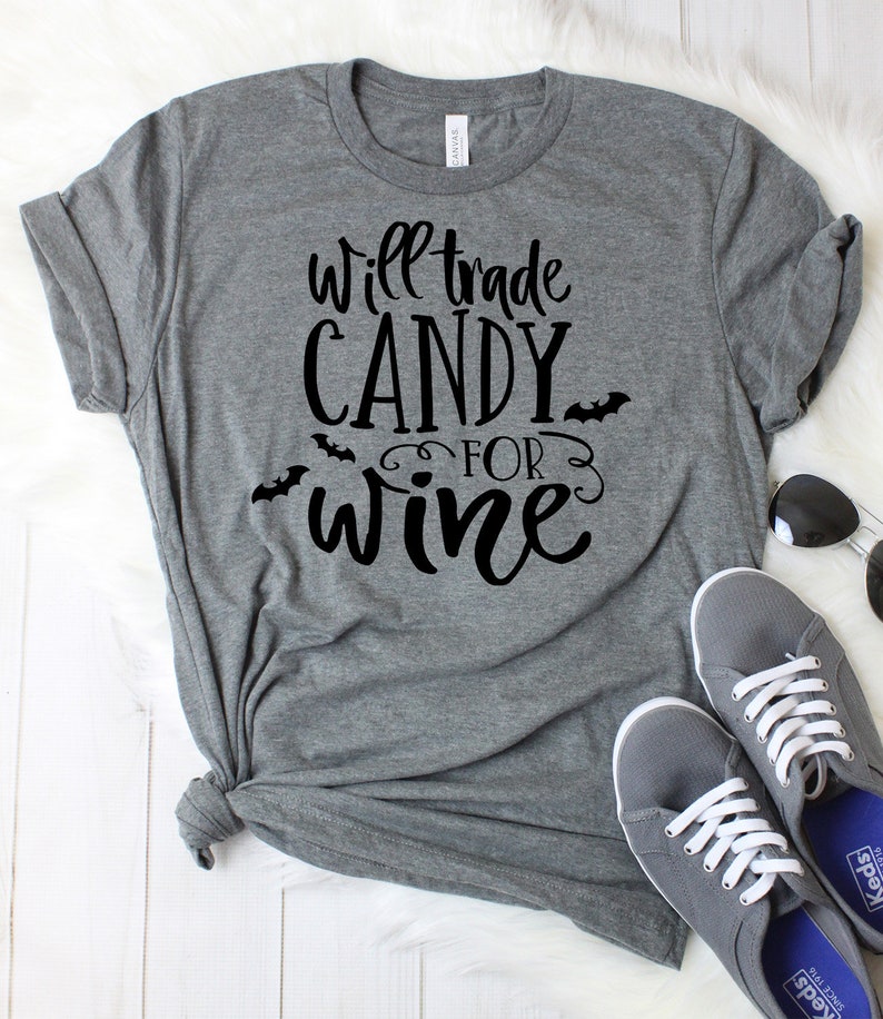 Will Trade Candy for Wine Shirt, Trick-or-Treat Shirt, Funny Halloween Shirt, Funny Halloween T-Shirt, Cute Halloween Shirts, Bat Shirt image 4