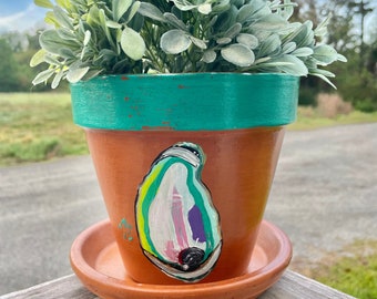 Abstract Oyster Flower Pot Hand Painted Terra Cotta