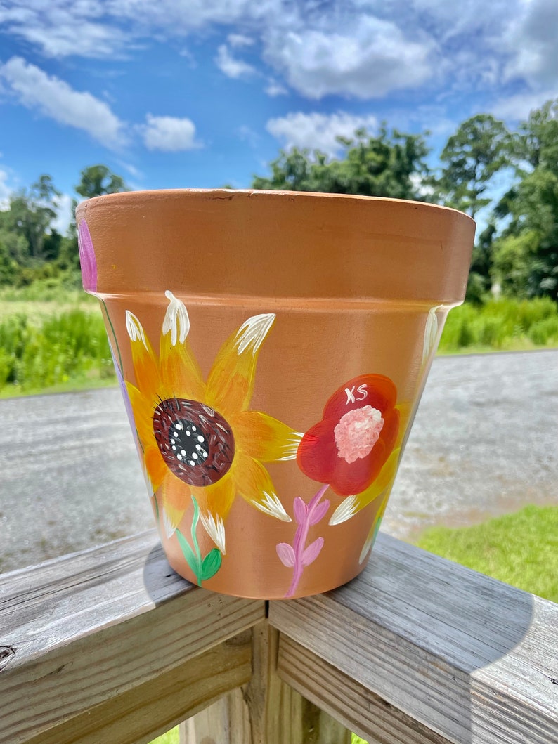 This Wildflower Hand Painted 8 Terra Cotta Flower Pot Planter image 1