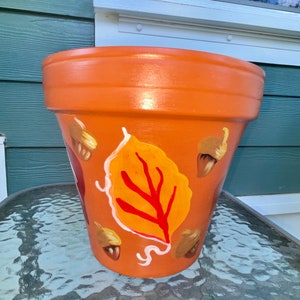 Leaves and Acorns Fall Autumn Hand Painted 8 Terra Cotta Flower Pot Planter image 8