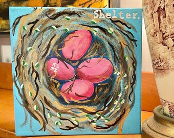 Abstract Bird Nest Painting with Eggs 8” Acrylic on Gallery Wrapped Canvas