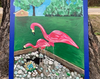 Coastal Bird Flamingo Primitive Style Painting on 16” by 20” Cradled Wood- No Frame Needed