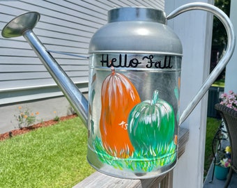 Hello Fall Pumpkin Painted Watering Can 2 Gallon Galvanized Metal