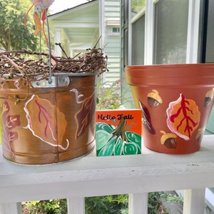 Leaves and Acorns Fall Autumn Hand Painted 8 Terra Cotta Flower Pot Planter image 3