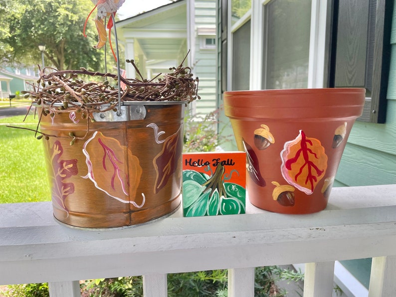 Leaves and Acorns Fall Autumn Hand Painted 8 Terra Cotta Flower Pot Planter image 3