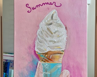 Summer Ice Cream Cone Painting 12” by 16” Painted in Acrylics on Gallery Wrapped Canvas Ready to Hang
