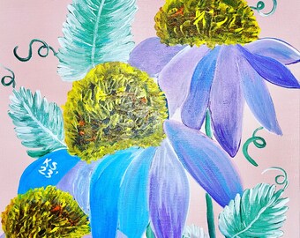 Purple Coneflower Floral Painting 12” Acrylic on Gallery Wrapped Canvas