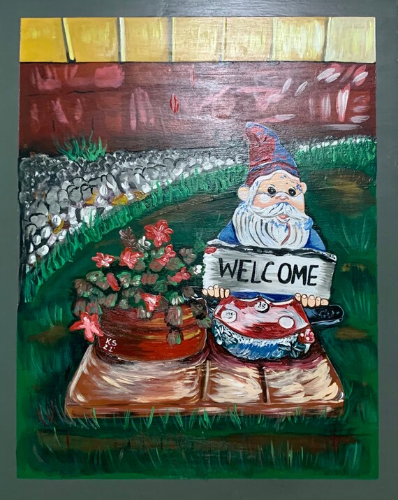 Garden Gnome Painting Garden Gnome Wall Art Gnome Painting Etsy