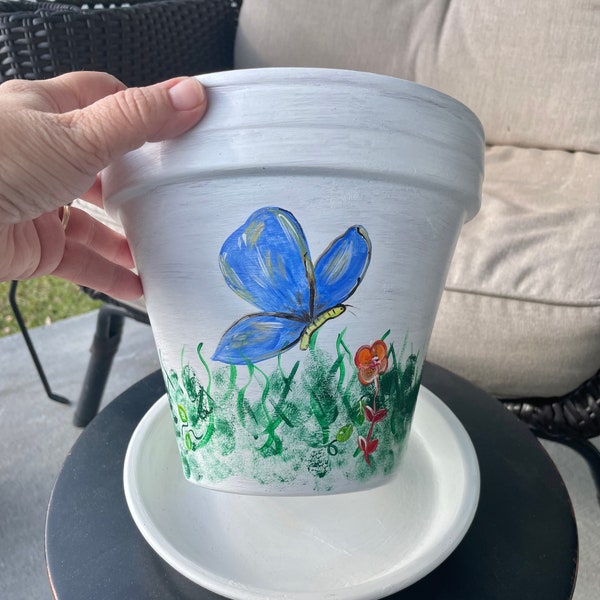 Butterfly Flower Pot Hand Painted Personalized Gift 8" Terra Cotta Flower Pot