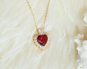 Lovely Heart Necklace & Earrings Set  W/Genuine Ruby Made in Gold plated Silver 
