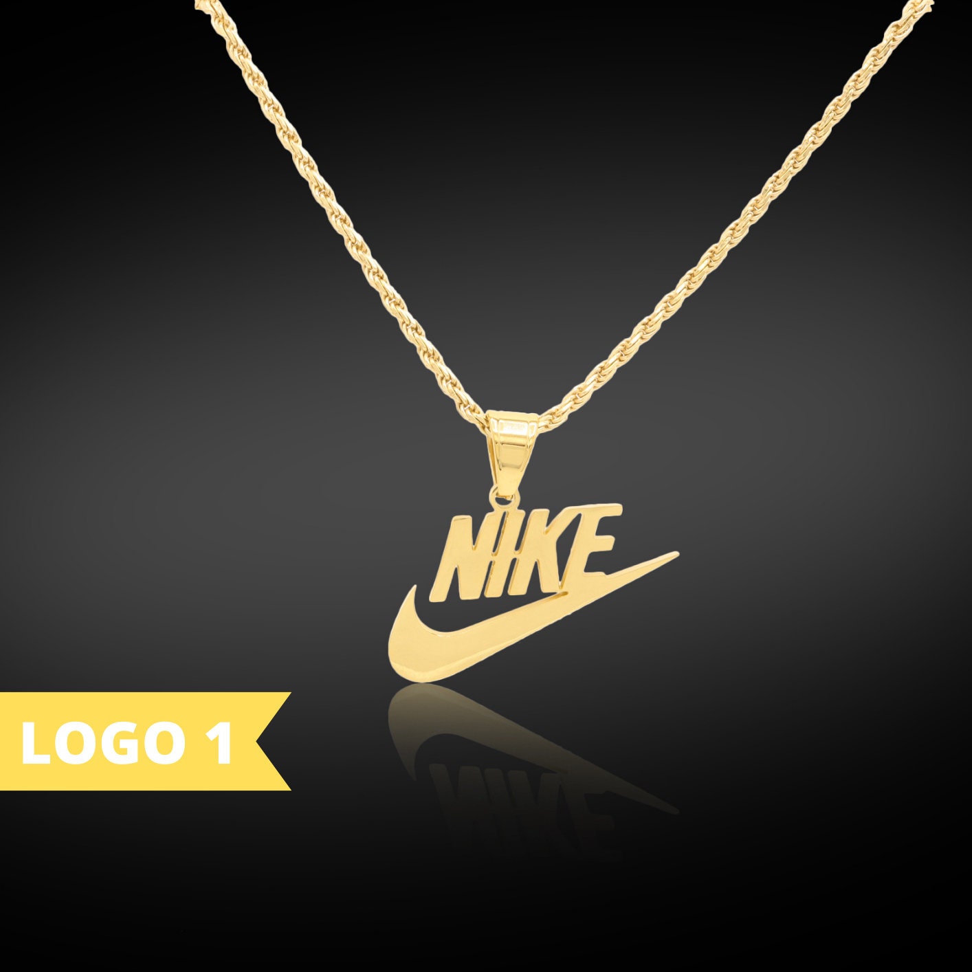 Nike Swoosh Logo Pendant with 18 Figaro Chain in 14k Yellow Gold