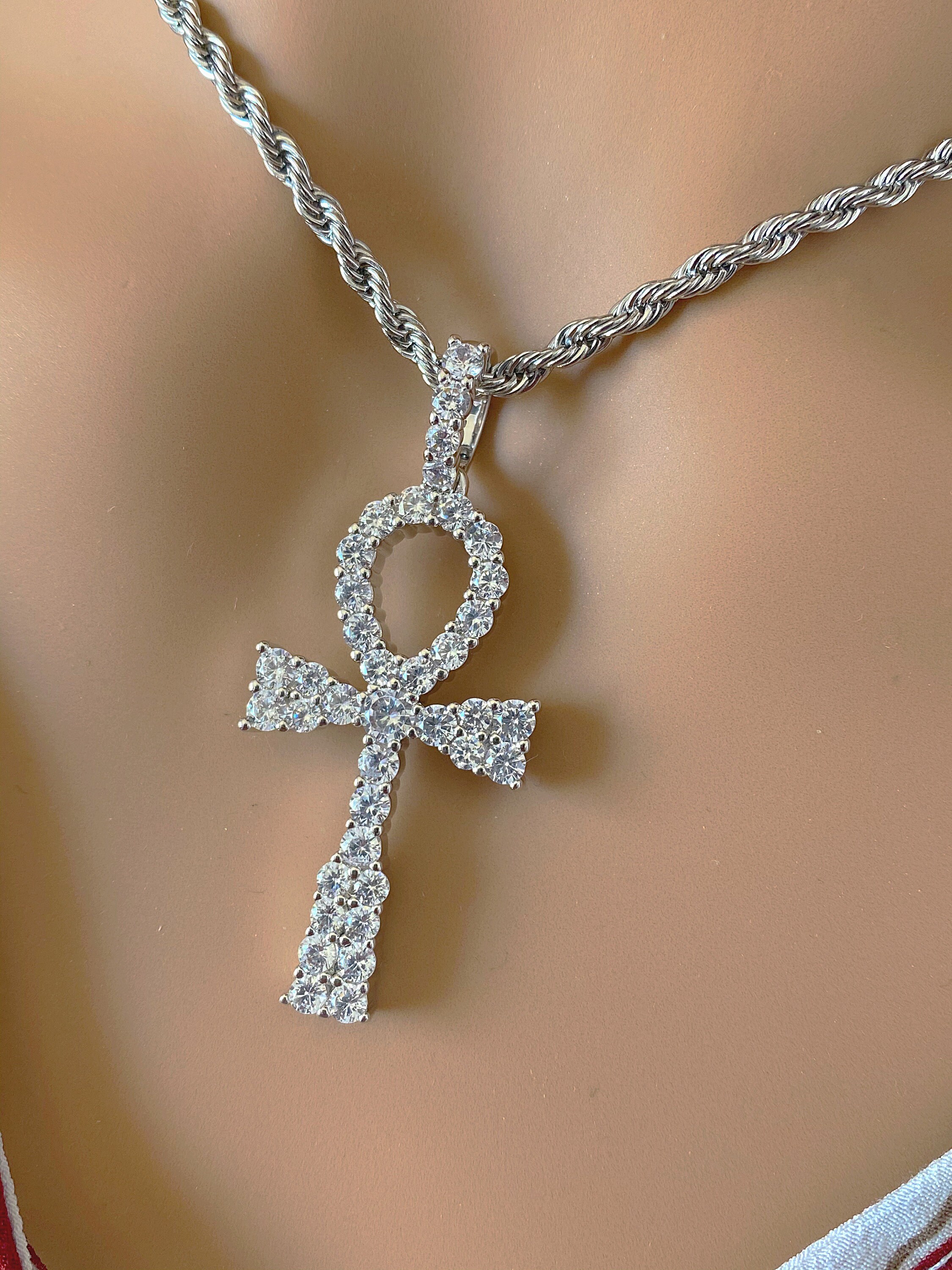 14k White Gold Diamond Ankh Pendant / women Necklace / Ankh Etsy