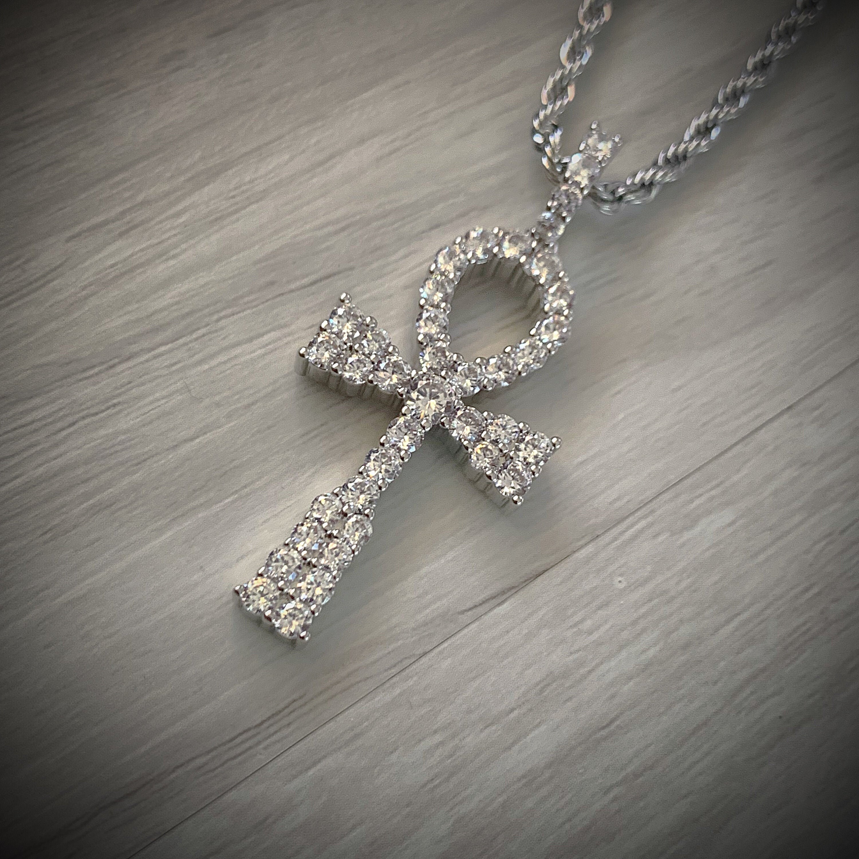 14k White Gold Diamond Ankh Pendant 