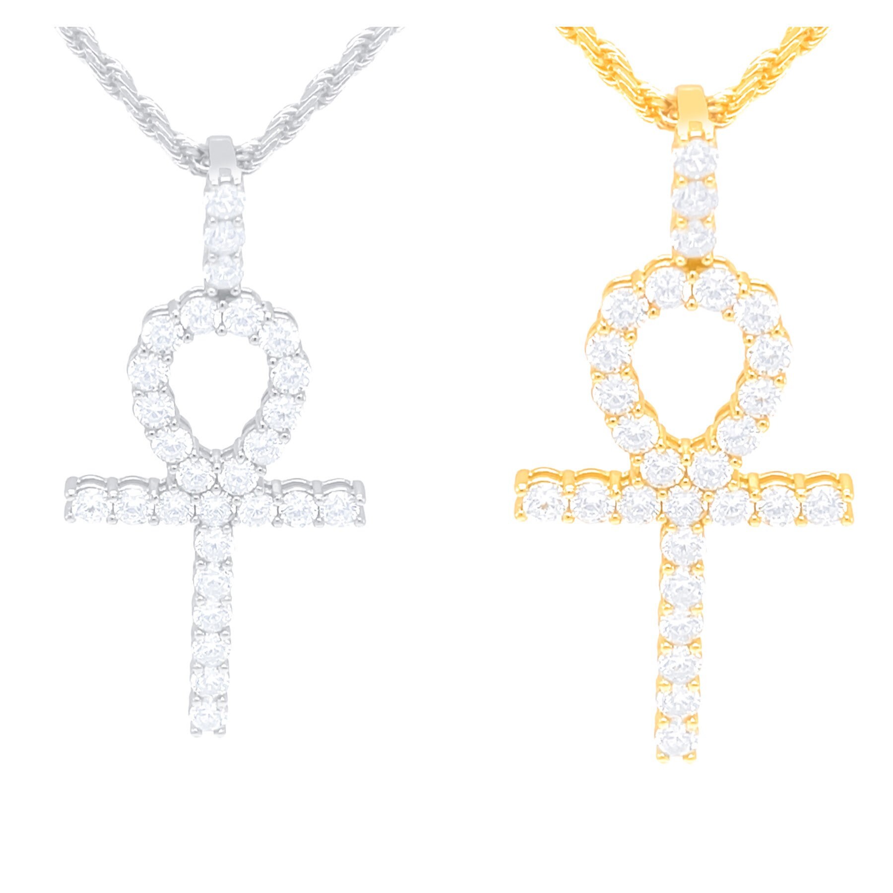 14K White Gold Finish Diamond Ankh 